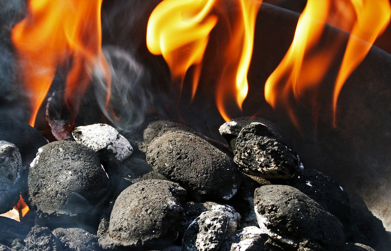 charcoal fire, charcoal, briquettes